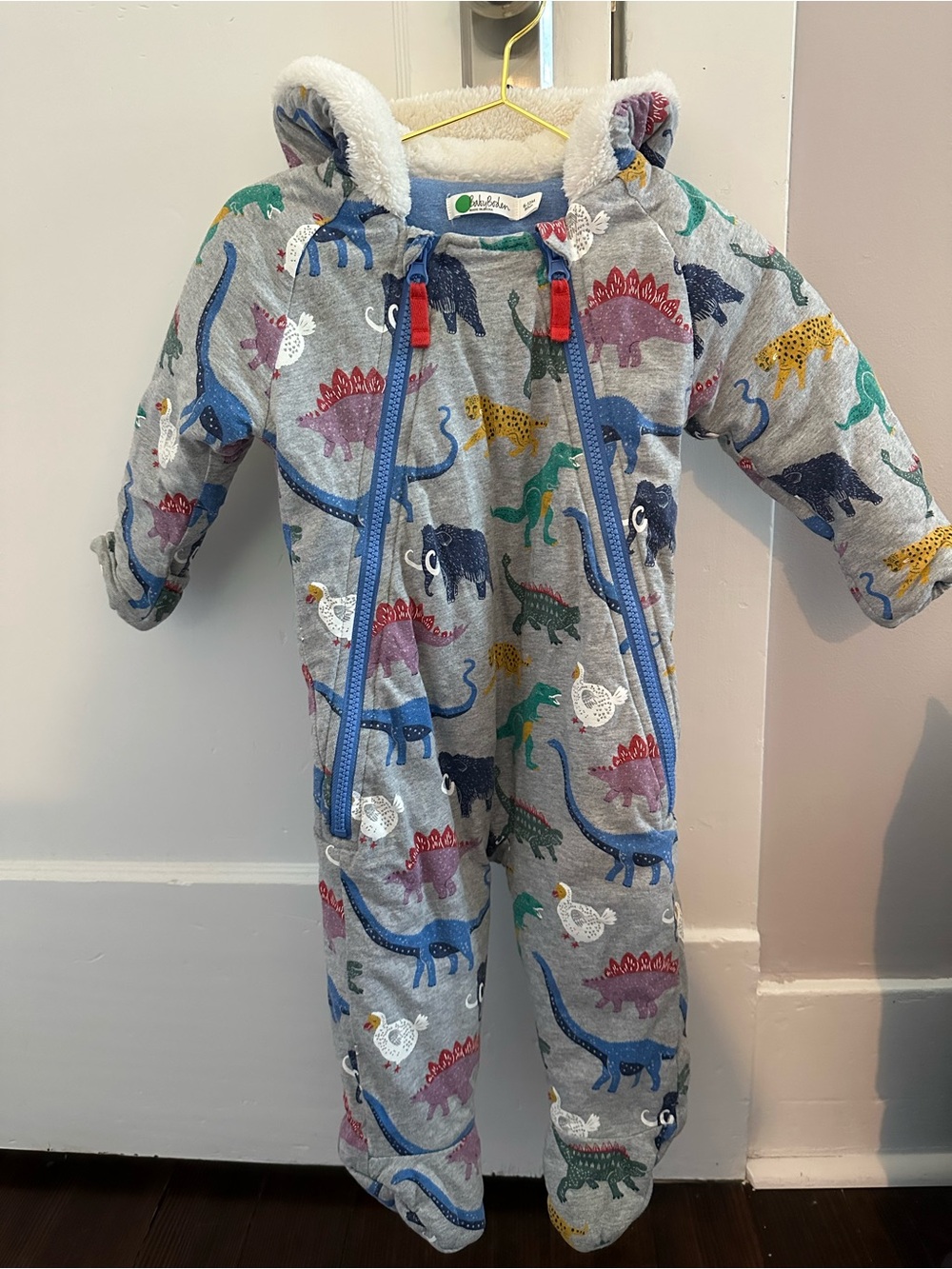 Baby Boden Gray Dinosaur Plush One-Piece Winter Bunting, 6-12 mo